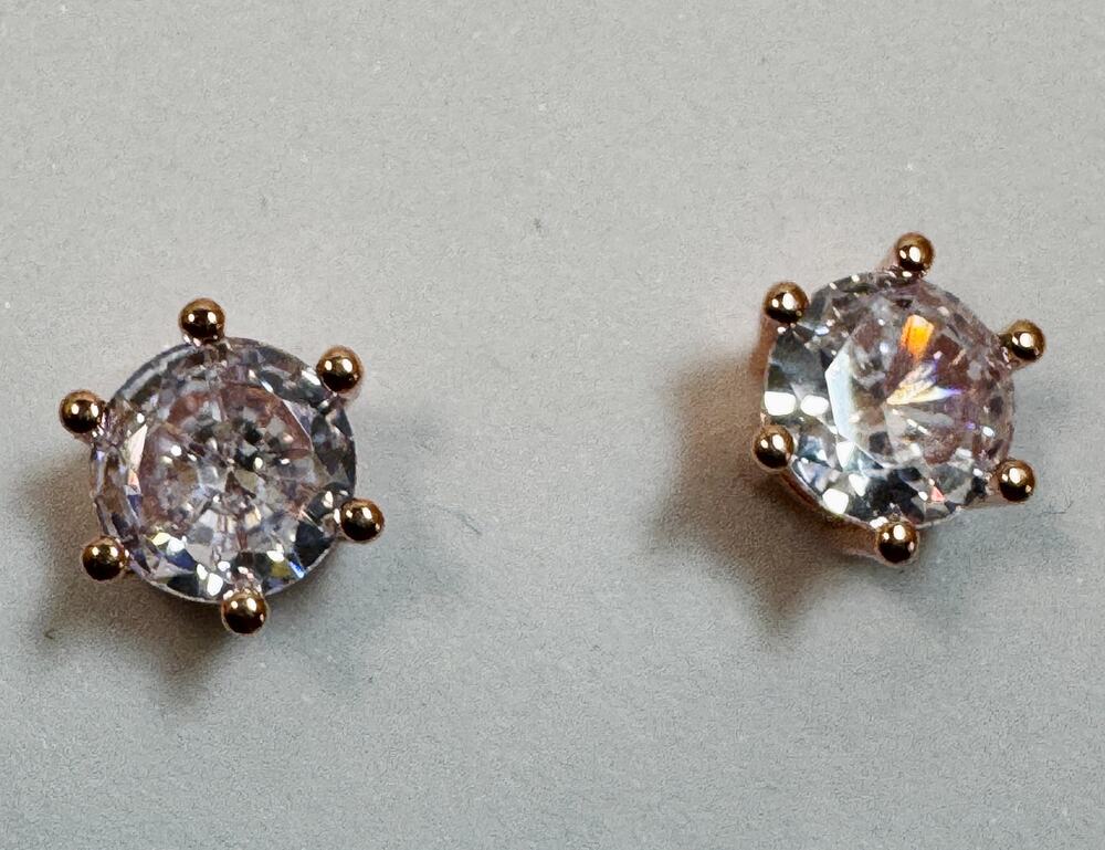 Rose Gold Faux Diamond Stud Earrings 3/8 Inch Round Solitaire Crystal Posts C302